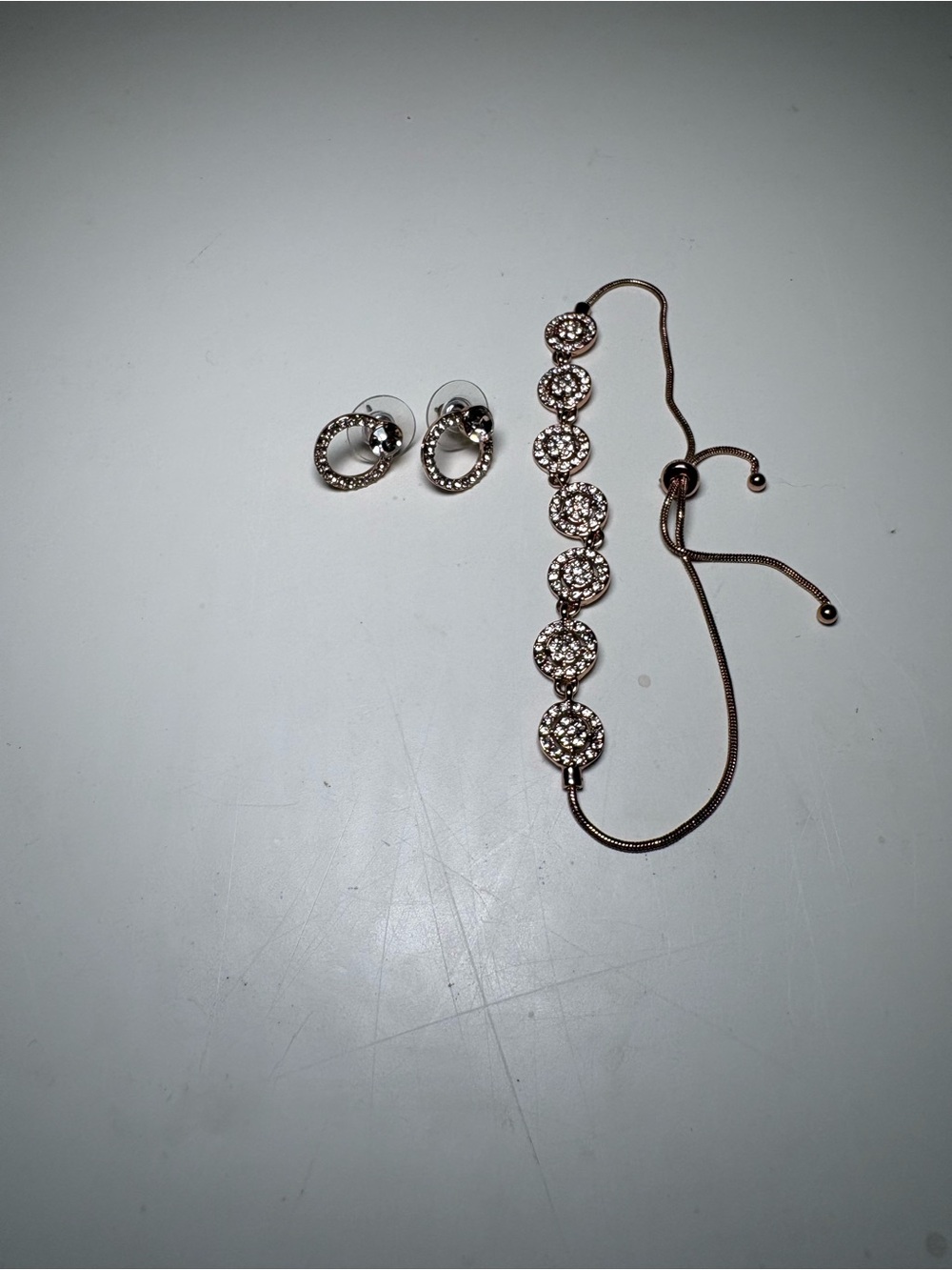 Givenchy Rose Gold Crystal Disk Adjustable Bracelet with Matching Studs